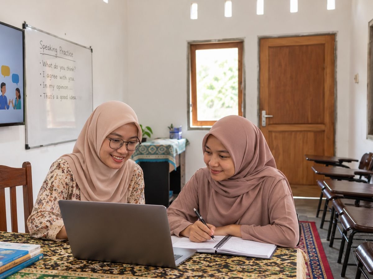 Ilustrasi fotorealistik: dua orang belajar bahasa Inggris privat dengan laptop dan buku catatan