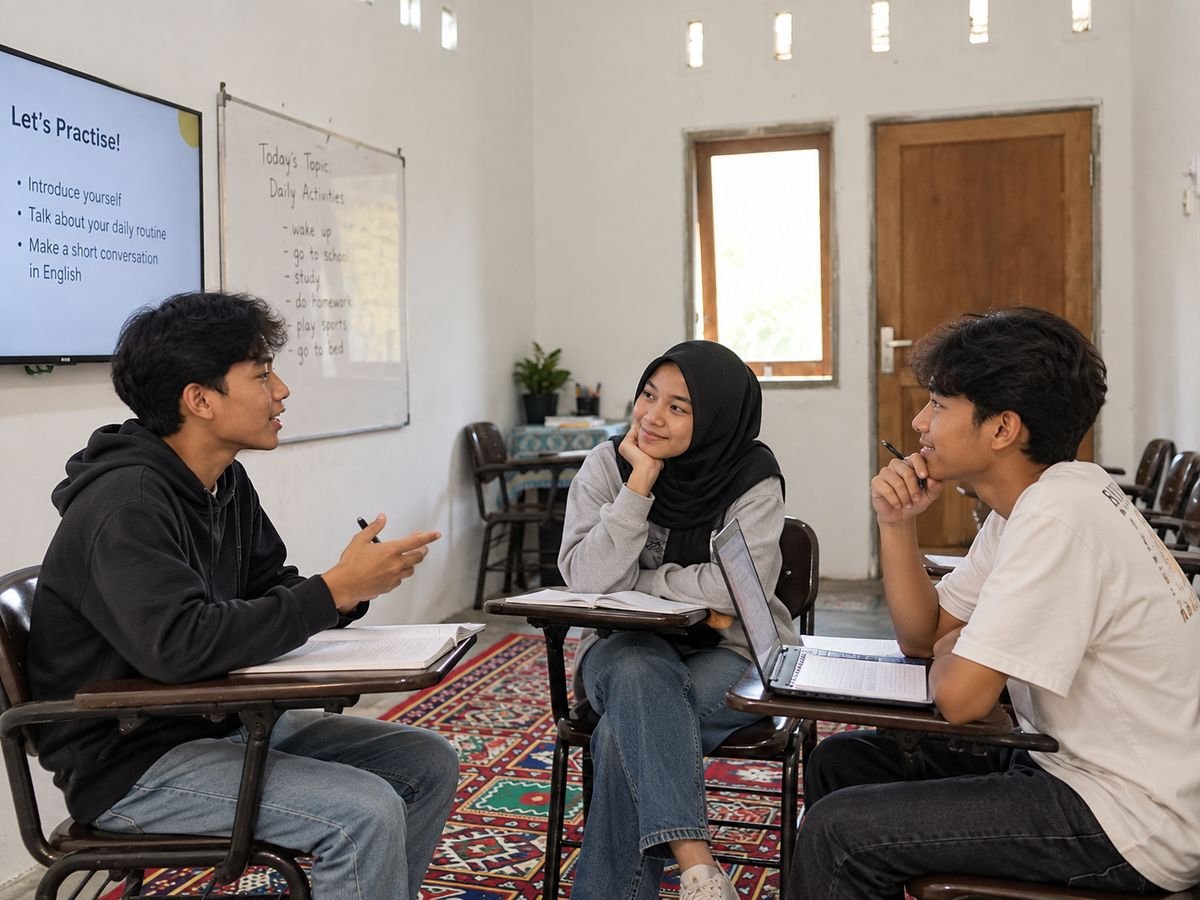 Ilustrasi fotorealistik: tiga remaja berdiskusi dalam bahasa Inggris di ruang belajar