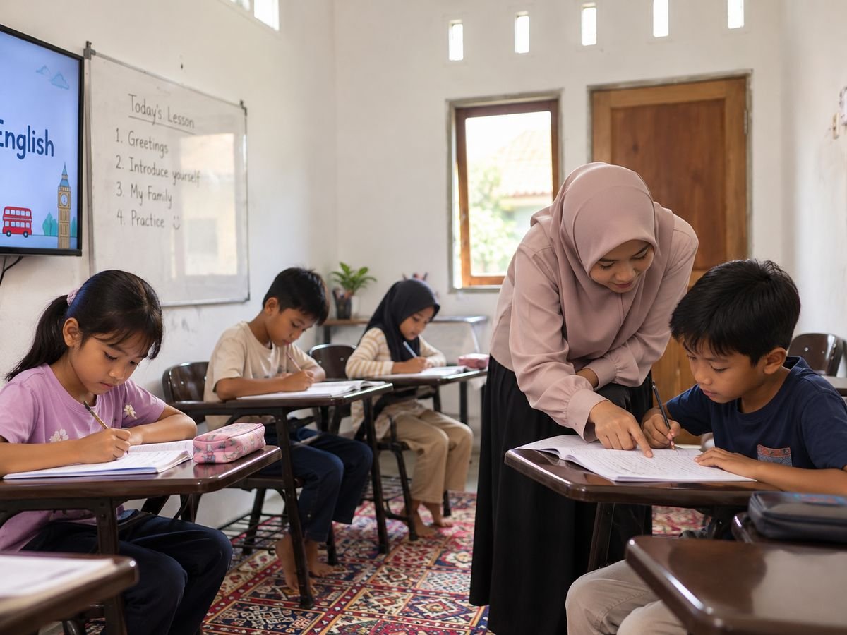 Ilustrasi fotorealistik: siswa SD menulis latihan bahasa Inggris sementara tutor membimbing seorang siswa