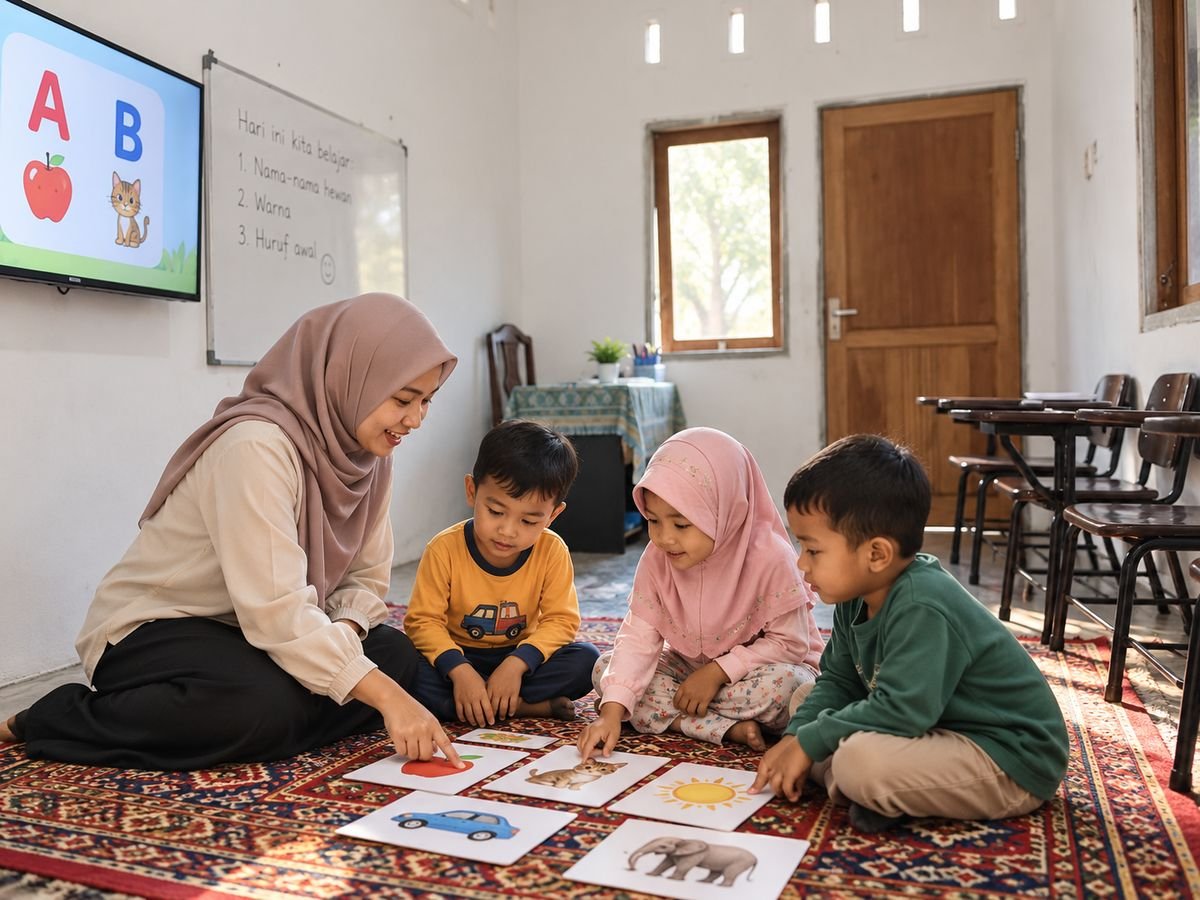 Ilustrasi fotorealistik: guru dan tiga anak TK belajar kosakata dengan kartu bergambar di atas karpet